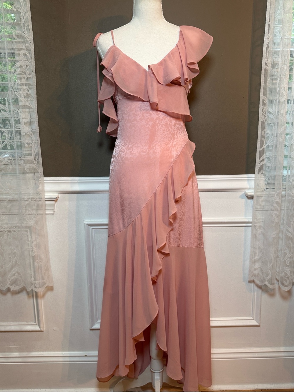 En Saison Pink Satin Ruffle High Low Slip Formal Dress S